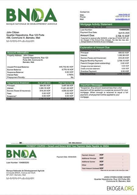 Modèle Word et PDF de relevé hypothécaire de la Banque Nationale de Développement Agricole (BNDA) du Mali